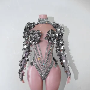 Tour-Grade Sequin Chevron Rhinestone Bodysuit Marquise Choker Plunging Open Back Sheer Illusion Stage Wear Drag Queen Showgirl