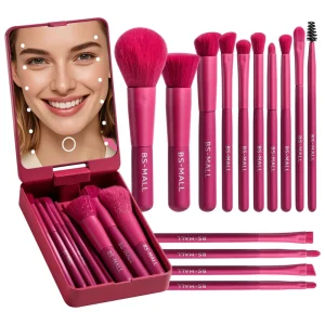 Travel 14-Piece Makeup Brush Set with LED Lighted Mirror and Portable Case