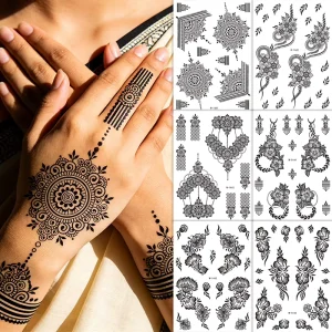 Trendy Black Henna Style Non Toxic Waterproof Temporary Tattoo Stickers for Face & Body Festival Beach Party Use
