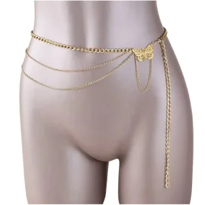 Trendy Hip Hop Gold Plated Curved Tassel Butterfly Belly Chain With Diamond Claw Setting For Women Party Jewelry Gifts