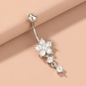 Trendy Silver Plated Zircon Sexy Tassel Flower Pendant Diamond Belly Ring Body Piercing Fashion Jewelry for Women
