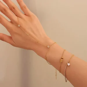 Trendy White Zircon Adjustable Bracelet Chain Ring Stainless Steel Flower Hand Chain Ring Bracelet Women’s Body Chain Jewelry