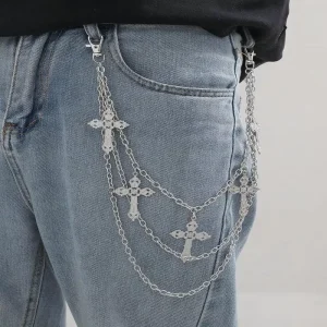 Triple-layer Pants Chains for Men Women Cross Pendant Wearing Accessories