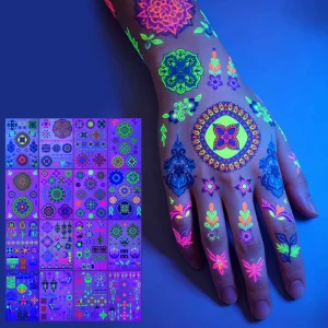 UV Reactive Neon Mandala Temporary Tattoo Stickers Fluorescent Waterproof Body Art Decals for Music Festival Night Party Women