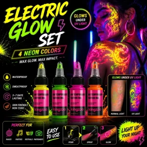 UV Tattoo Ink Blacklight Reactive Fluorescent Pigment Long Lasting Bright Neon Colors Safe Non Toxic for Tattoo Artists