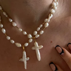 Unisex Retro Natural Freshwater Baroque Cross pattern Pearls Pendant Necklace Brass Inlaid with Diamond Design Gift