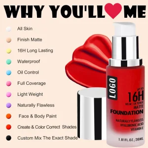 Vibrant Colored Liquid Foundation 16H Long-Lasting Waterproof Matte Full Coverage Pore Control Face Body Paint Color Foundation
