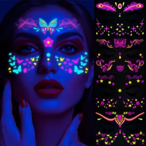 Vibrant Fluorescent Glow Butterfly Waterproof Face Tattoo Sticker for Music Festivals Costume Parties and Neon Themed Events