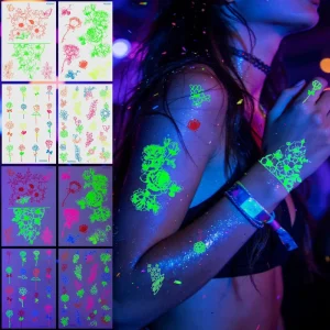 Vibrant Glowing Rose Tattoo Stickers Waterproof for Nightclub Music Festival