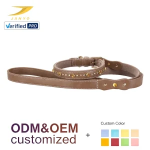 Vintage Brown Soft Lined Genuine Leather Dog Collar Leash Set Shiny Crystal Hardware Hand Stitched Durable Pet Accessories