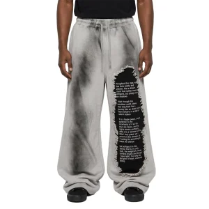 Vintage Washed Gray Airbrush Distressed Paragraph Patch Heavyweight Cotton Grunge Hip Hop Baggy Sweatpants Men
