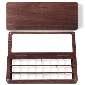 Walnut Wood Watercolor Palette Box with Lid, 24 Removable Half-Pan Grids Wooden Art Craft Box with Travel Brushes for Painting