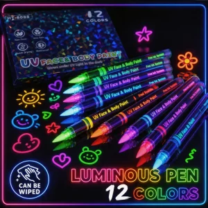 Washable UV Glow Body Paint Markers Luminous Fluorescent Acrylic Pens for Face Graffiti Party Cosplay 12 Colors Set