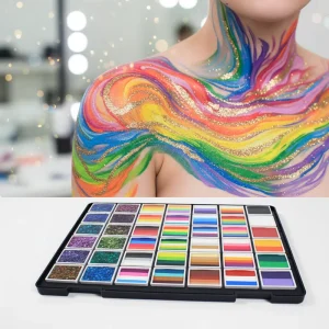 Water Based 42 Colors Rainbow Face Body Paint with 12 Glitter Gels Kit for Halloween Cosplay Party Stage Makeup Supplies