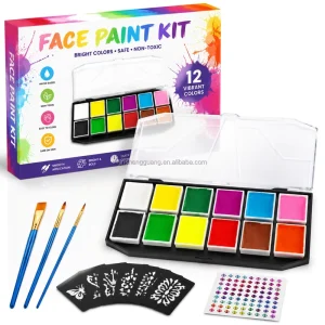 Water Based Washable Non Toxic Complete Face Painting Kit 12 PCS for Kids Includes Stencils Brushes Split Cake