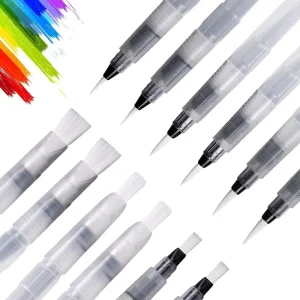 Water Brush Pen Set, Refillable Water Reservoir Soft Tip with Nylon Hair Metal Ferrule for Beginners Watercolor Line Drawing