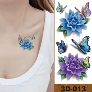 Water Transfer Easy Apply 3D Blue Flowers Temporary Tattoo Stickers 90x190mm Lasting 3-7 Days