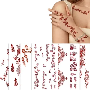 Water Transfer Printed Temporary Henna Red Flower Lace Totem Hand Back Tattoo Sticker
