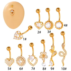Waterproof Barbell Stainless Steel Belly Button Ring CZ Heart Snake Ball Back Navel Rings Externally Thread Navel Piercing