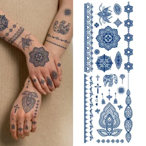 Waterproof Black-Blue Mandala Semi-Permanent Tattoo Sticker Lasting 7-15 Days