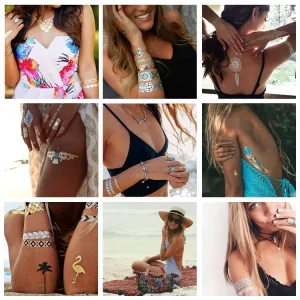 Waterproof Body Art Sexy Jewelry Temporary Flash Gold Silver Foil Metallic Fake Tattoo for Chest Arm Hands Leg