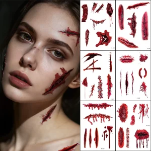 Waterproof CMYK Non toxic Fear Facial Body Lifelike Makeup Portable Temporary Tattoo Sticker For Halloween Decorative Stickers