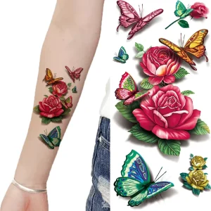 Waterproof Colorful Flower Rose Butterfly 3D Temporary Tattoo Stickers 90x190mm Lasting 3-7 Days CE Certified Easy Apply