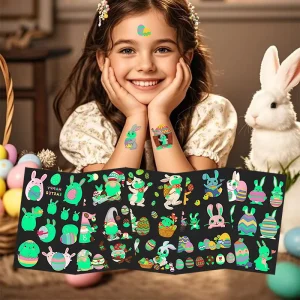 Waterproof Cute Rabbit Easter Egg Tattoo Sticker Children’s Night Light Temporary Face and Body Paper Application
