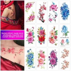 Waterproof Floral Tattoo Stickers for Women Rose Peony Plum Blossom Designs Temporary Tattoos Luxury Style Body Water Transfer