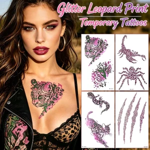 Waterproof Glitter Leopard Temporary Tattoo Sticker Skin-Friendly Non-Toxic Body Beauty Art for Party Music Festival Daily Wear