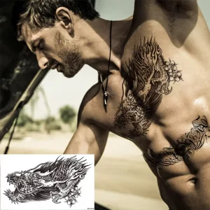 Waterproof Goth Temporary Tattoo Sticker Black and Gray Lion Flower Butterfly Design for Neck and Chest