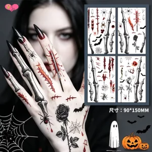 Waterproof Halloween Horror Tattoo Sticker Bloody Cut Stitch Spider Skeleton Design