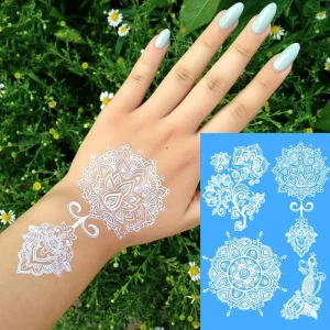 Waterproof Henna Tattoo Sticker White Lace Mandala Flower Temporary Body Hand Sticker for Women Teens & Girls
