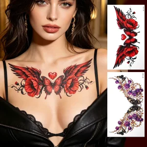Waterproof Non-Toxic Eco-Friendly Temporary Tattoo Stickers with Dark Gothic Red Rose, Wings, and Heart Designs for Body