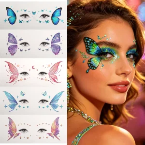 Waterproof Non-Toxic Holographic Butterfly Wing Glitter Tattoo Stickers for Body Application Party Eye Makeup Temporary Tattoos