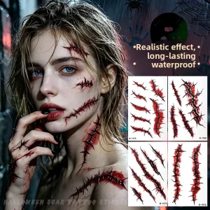 Waterproof Non toxic Halloween Fake Scar Temporary Tattoo Stickers Face Body Makeup Stickers for Party Cosplay