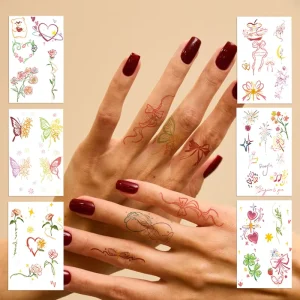 Waterproof Temporary Fingertip Tattoo Stickers with Bow, Butterfly, Heart, and Floral Designs