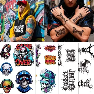 Waterproof Temporary Tattoo Stickers American Street Graffiti Skull Gothic Half Arm Body Art Beauty Body Painting Supplies
