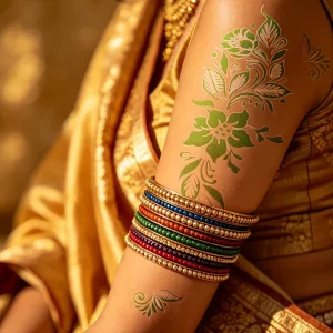 Wedding Henna Temporary Tattoos Green Silver Floral Vine Design for Back of Hand Waterproof Long Lasting Tattoo Sticker