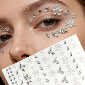 White Floral Self Adhesive Crystal Rhinestone Face Gems Summer Eye Nail Body Art Temporary Stickers Gold Stamping for DIY Custom
