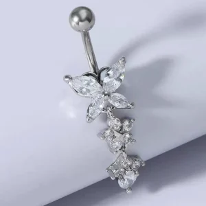 White Flower Belly Piercing Body Jewelry Stainless Steel with Gold Plating Featuring Zircon Stone for Weddings
