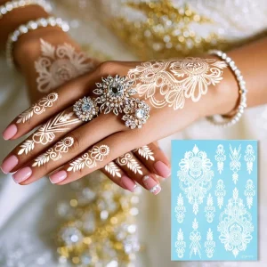White Henna Tattoo Sticker Floral Mandala Waterproof Wedding Mehndi Body Art Hand Temporary Henna Sticker