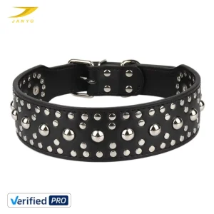 Wide Punk Rivet Dog Collar Durable Stitched Black Leather Collar Silver Dome Studs Adjustable Buckle Pet Accessory