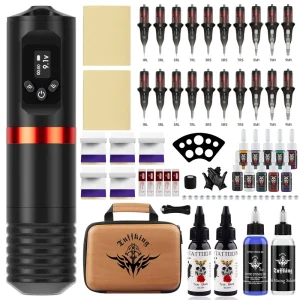 Wireless Aluminium Alloy Rotary Tattoo Machine Kit with 10Pcs Needles Skull Design Complete Tattoo Set