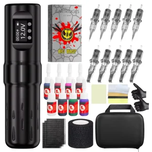 Wireless Body Tattoo Machine Permanent Makeup Kit with Cartridges and Bag