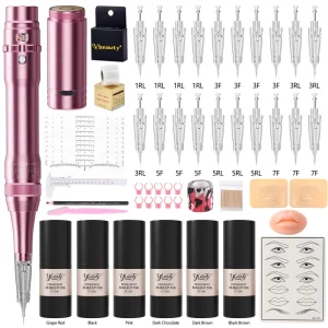 Wireless PMU Pen Kit Permanent Makeup Tattoo Machine with Cartridges Inks & Practice Skin for Eyebrow Lip