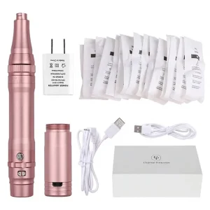 Wireless Permanent Tattoo Machine Makeup 15pcs Needles Cartridges 5W Motor Shading Eyeliner Lip Rose Golden