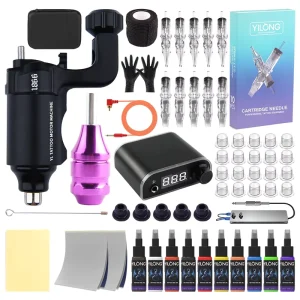 Wireless Rotary Tattoo Machine Kit with Cartridges and Ink Aluminum Alloy Permanent for Body Art