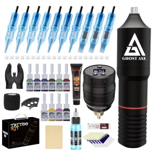 Wireless Tattoo Machine Kit With Stencil Gel Creams 10 Inks 1 Practice Skin Complete Tattoo Set