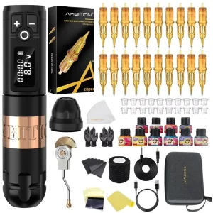 Wireless Tattoo Machine Pen Gun Kit with 20pcs Cartridge Needles and Ink for Artists